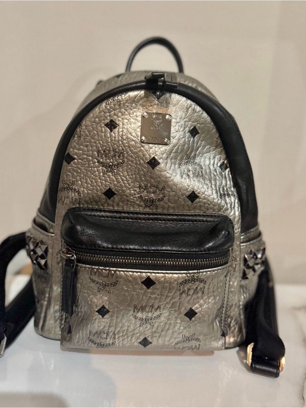 MCM Metallic Silver and Black Mini Backpack with Stud Accents Bebe boo